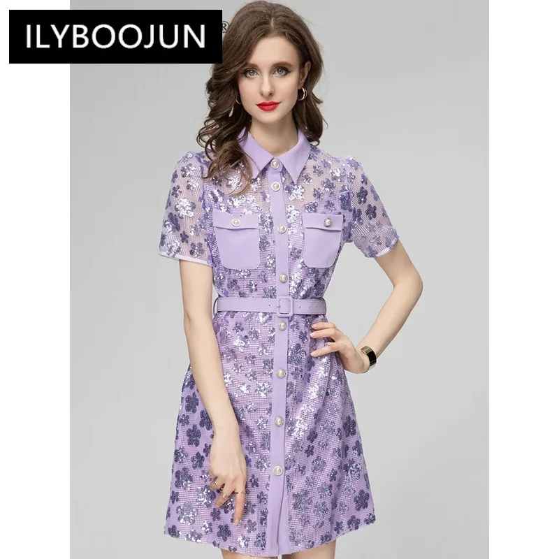 

ILYBOOJUN Fashion Runway Black Vintage Mesh Dress Women Lapel Sequins Button Pockets Sashes Gathered Waist Slim Mini Dress