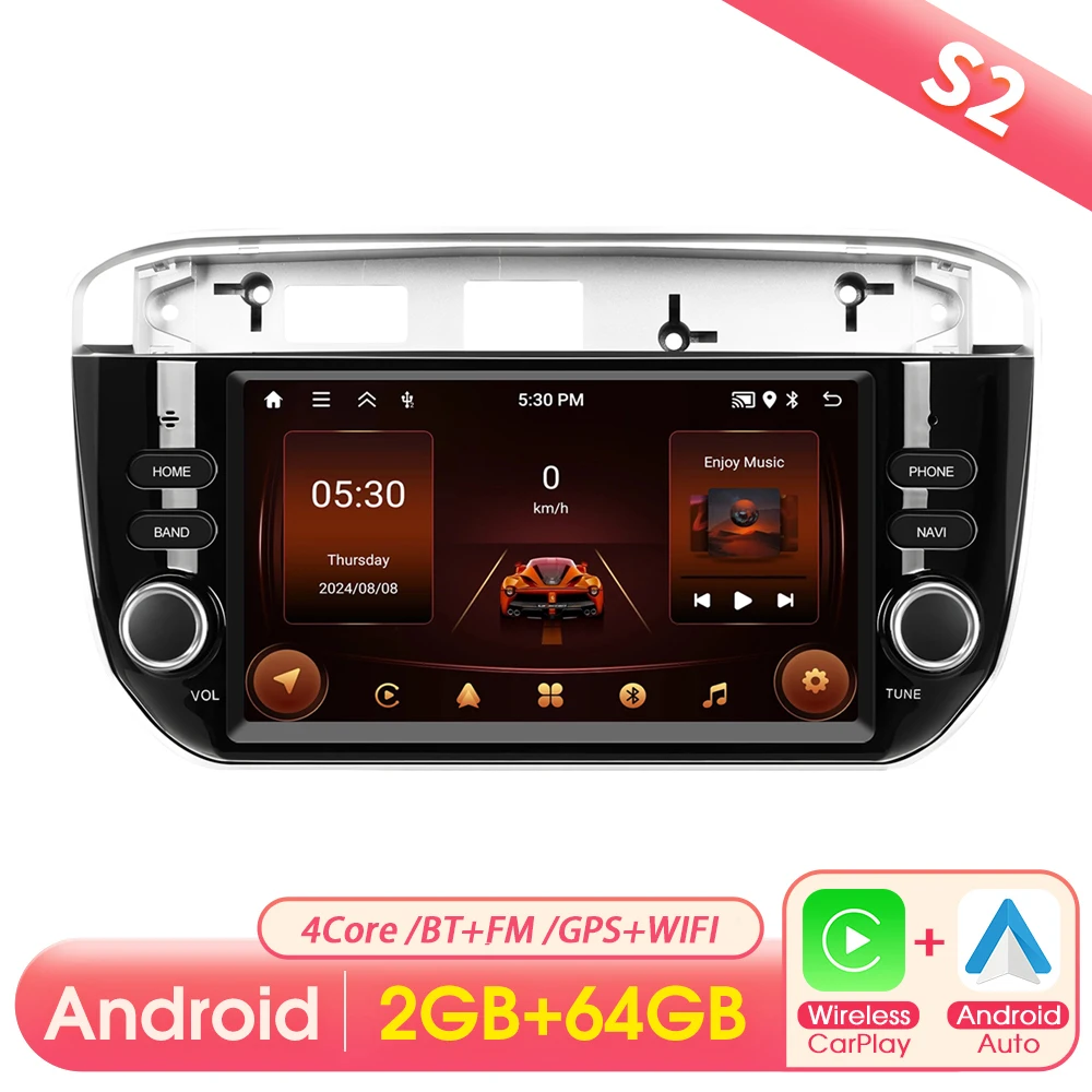 Podofo 7 inch 2DIN autoradio met Carplay, Android Auto, intelligent systeem, GPS navigatie, FM, BT voor Fiat Punto 2012-2015