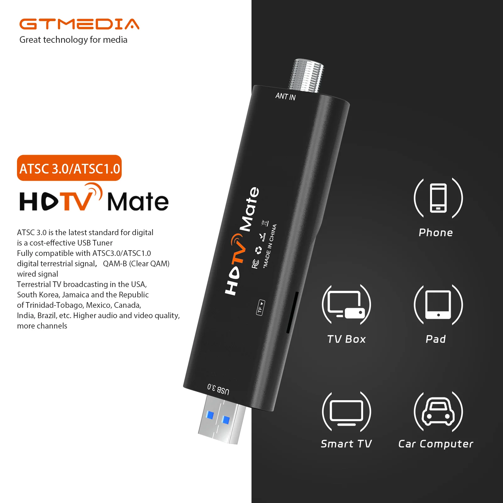 

ATSC3.0/1.0 HDTV Mate cost-effective USB Mini TV Tuner Stick digital terrestrial signal support android 9.0+ Device GTMedia