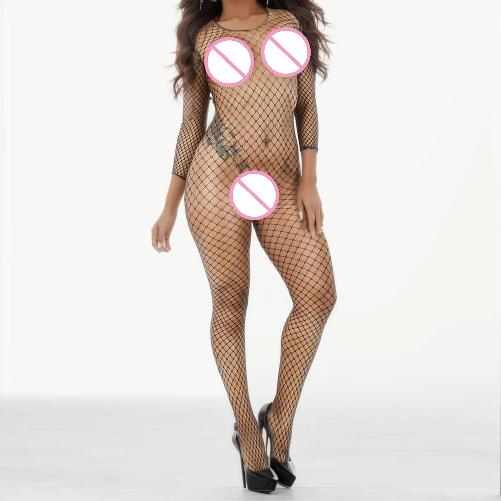 

Women Fishnet Mesh Bodysuits Transparent Open Crotch Elastic Sensual Ultrathin Jumpsuit Underwear See Through Erotic Costumes