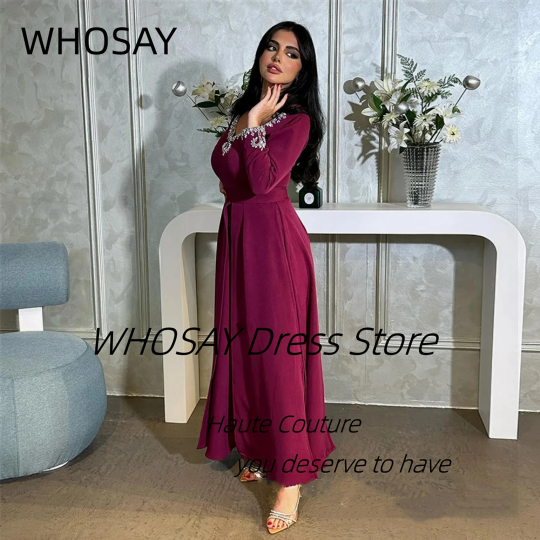 WHOSAY Elegant Evening Dresses Crystals Long Sleeves Robe De Marrige Ankle Length Birthday Party Saudi Arabia Women Evening Gown