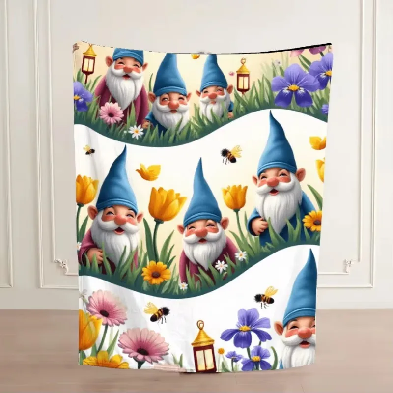 Blanket Throw Gnome Print, Spring Floral Bee Flannel Blanket, Cute Fairy Tale Art, Sofa Bedroom Indoor Decor Soft Warm Throw