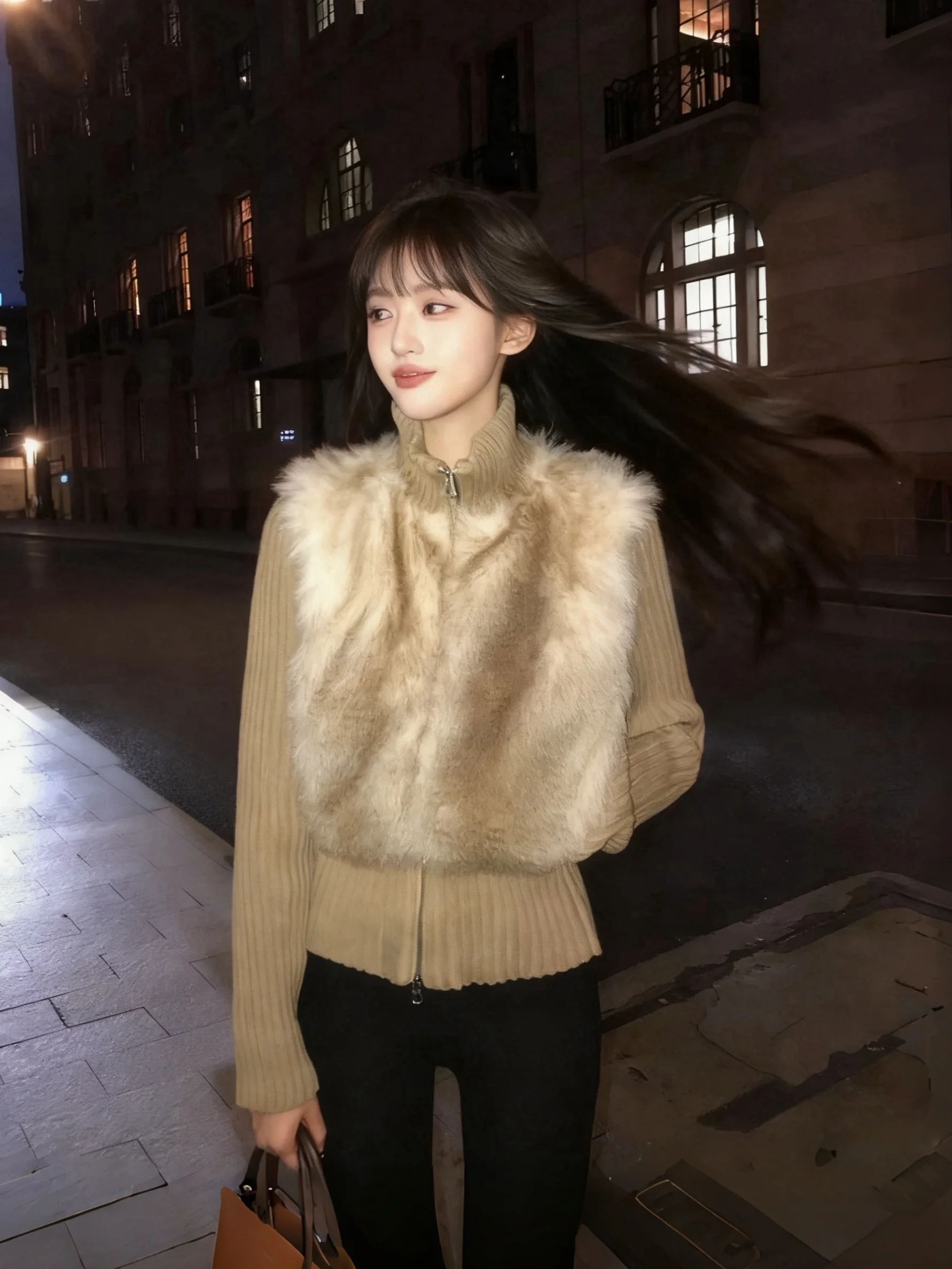 

Faionable Autumn Winter Thiened Knitted Splicing Coat Women's Slimming Warm Top Pure Color Korean Sle Long Sve Zipper