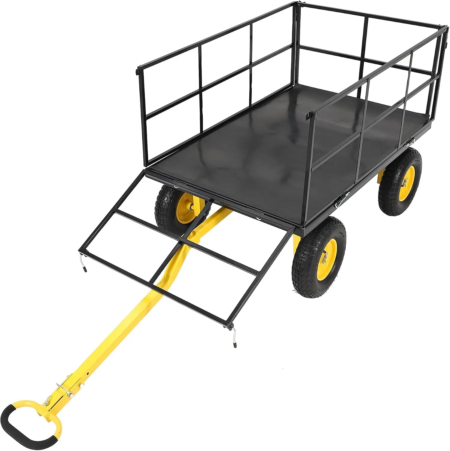 1500 lb Heavy-Duty Metal Garden Wagon Cart, Mesh Utility Yard Trailer with 13-Inch All-Terrain Tires, Removable Side Panels and Convertible Flatbed, Black, for Lawn, Backyard, Tools and Plants