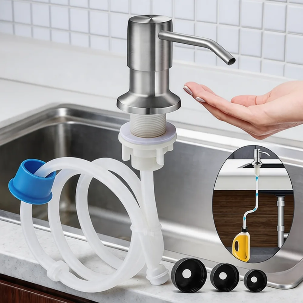 Brushed Stainless Steel Kitchen Sink Soap Dispenser Press Pump With Long Tube For Easy Dishwashing Liquid Refilling