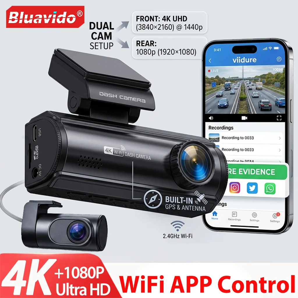 

4K Dual Dash Cam Передняя и задняя камера WiFi App Control WDR Ночное видение GPS-трекер G-сенсор 24H Монитор парковки Видеорегистратор