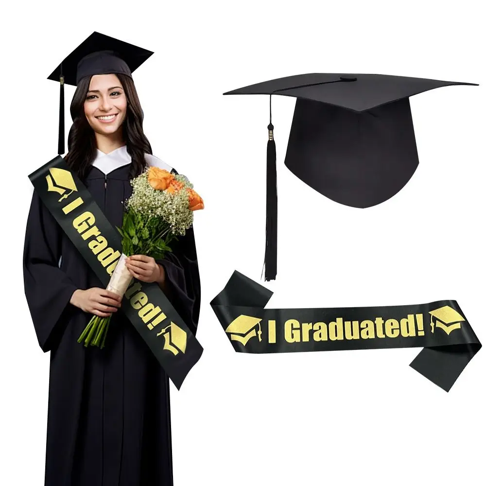 2Pcs Adjustable Graduation Cap and Sash Set Photo Props Elegant Academic Hat and Belts Kit Plastic with Tassels