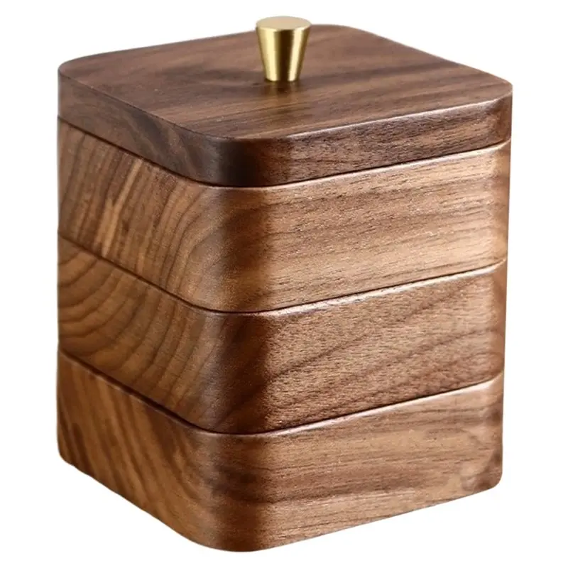 ABJI-Square Wooden Floss Storage Box Three-Layer Design, Brown, 9.6X9.6X12cm For Home Restaurant Toothpick Container