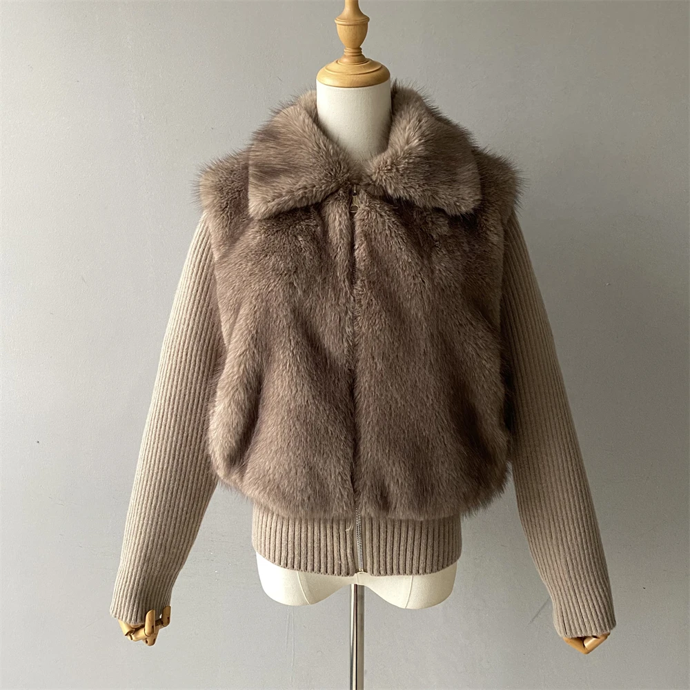 Luxyonuo casaco de inverno feminino moda malha costela retalhos casaco de pele do falso casual quente jaqueta com zíper 2025 outono nova lapela outerwear