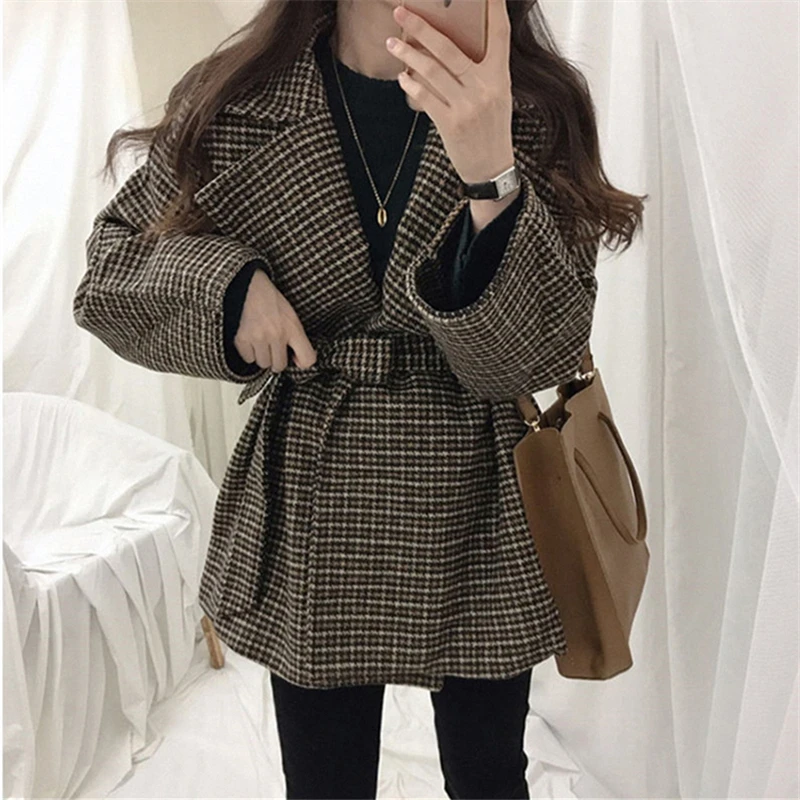 Mulheres outono inverno misturas casacos xadrez vintage solto elegante estilo de escritório senhoras rendas outwear gracioso all-match maduro mujer