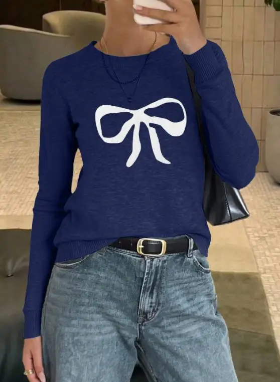 

Solid Color Round Neck Butterfly Knot Jacquard Knitted Sweater for Autumn and Winter Women's Casual Simple Long Sleeved Sweater