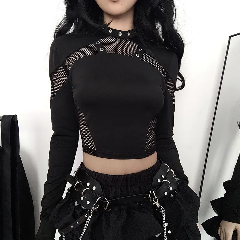 Techwear Cyber Gothic Fishnet Patches T-shirts Punk Grunge Hollow Out Skinny Crop Tops Black Eyelet Fashion Alt Clothe