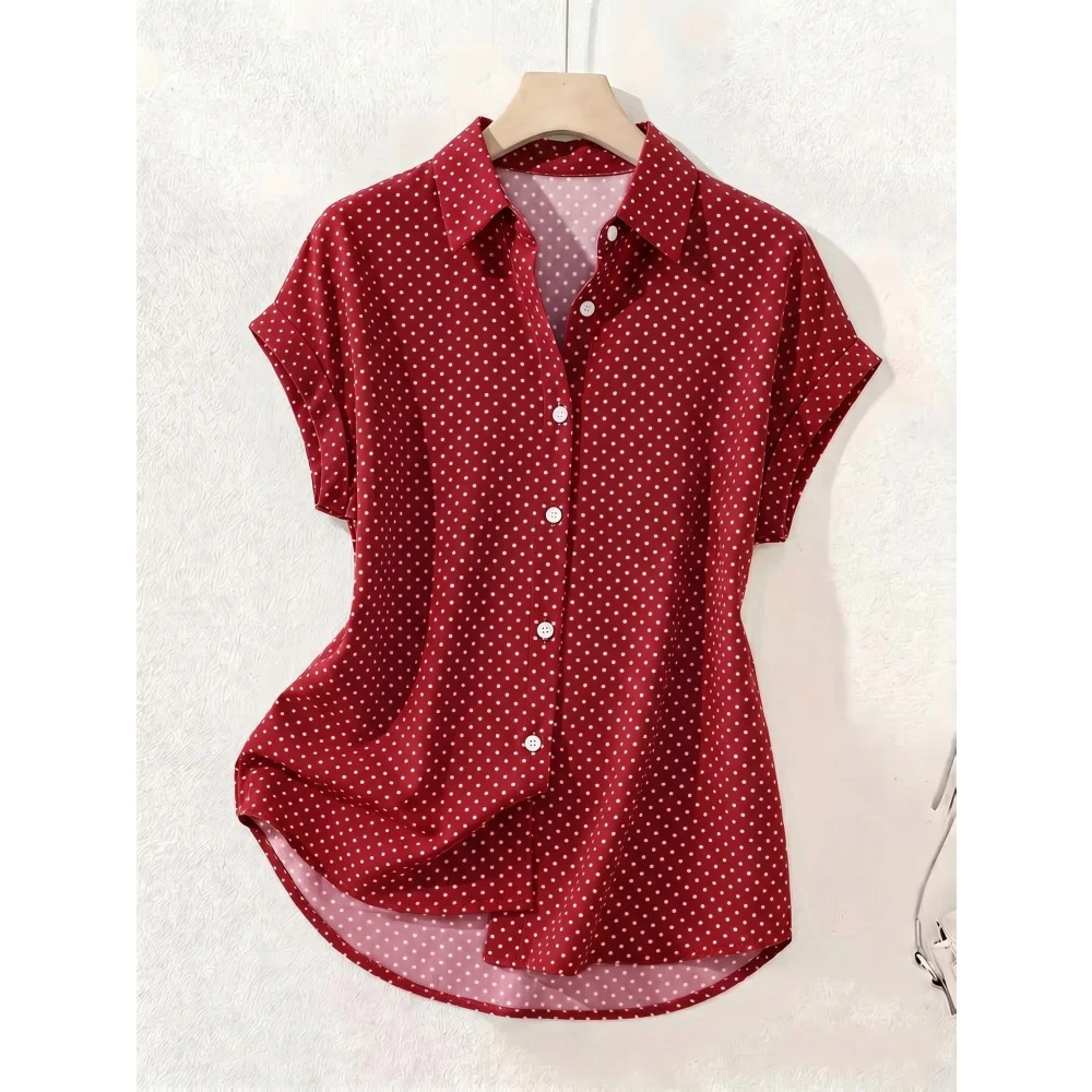 Women Elegant Polka Dot Shirt Casual Shirt Short Sleeved Collar down Shoulder Short Sleeve Shirt Summer Fashion Ladies Trend Top