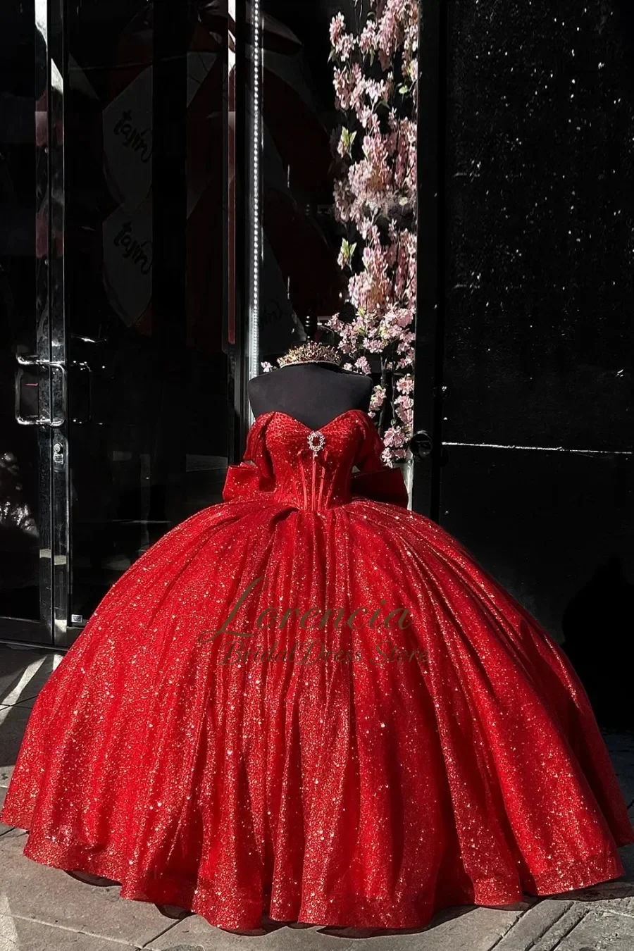 

Customized Quinceanera Dress with Bow Off the Shoulder Formal Party Prom Sequined Tulle Ball Gown vestido de 15 quinceañera