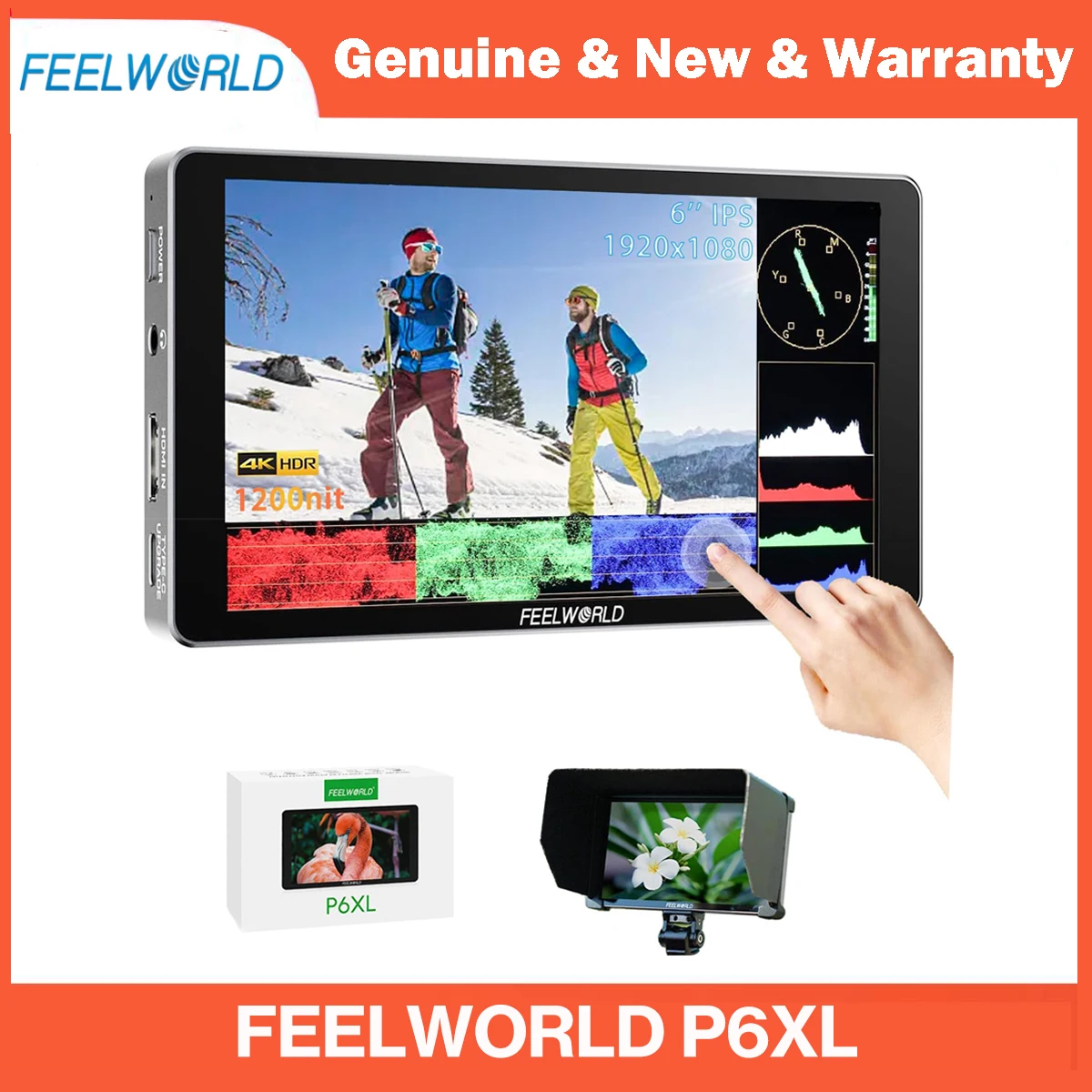 FEELWORLD P6XL 6 Inch Camera Monitor 1200nit IPS Touch Screen 1920x1080 Built-in 3000mAh Battery with Sunshade 3D LUT 4K HDMI