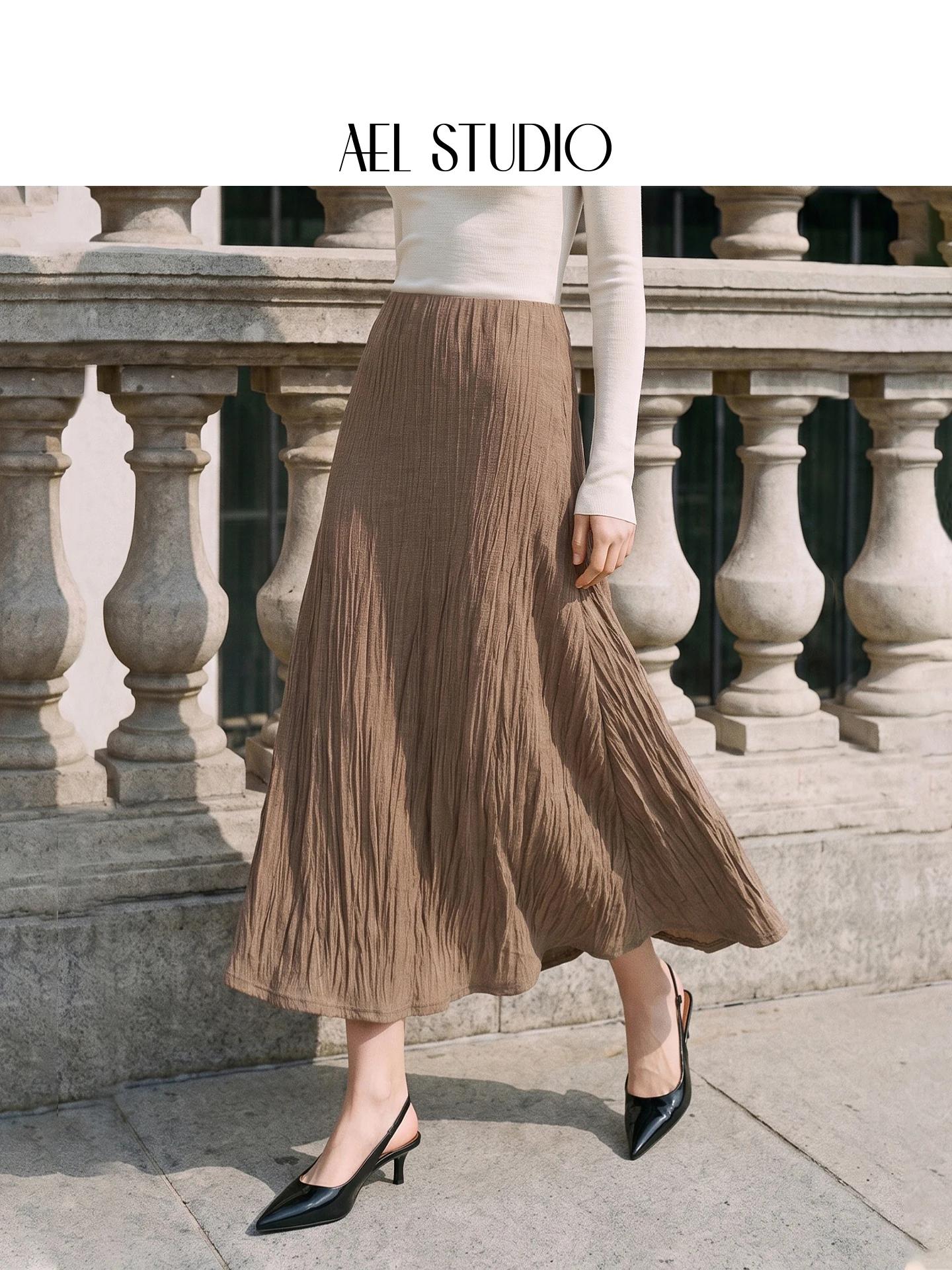 AEL Studio High Waist A-Line Long Skirt Women's Autumn Texture Sensation Pleated High Waist Linen Half Body Fish Tail Skirt