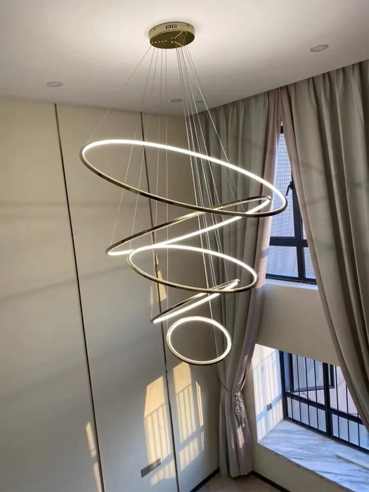 Ring LED chandelier dining room bedroom duplex floor living room large chandelier staircase loft stainless steel chandelier