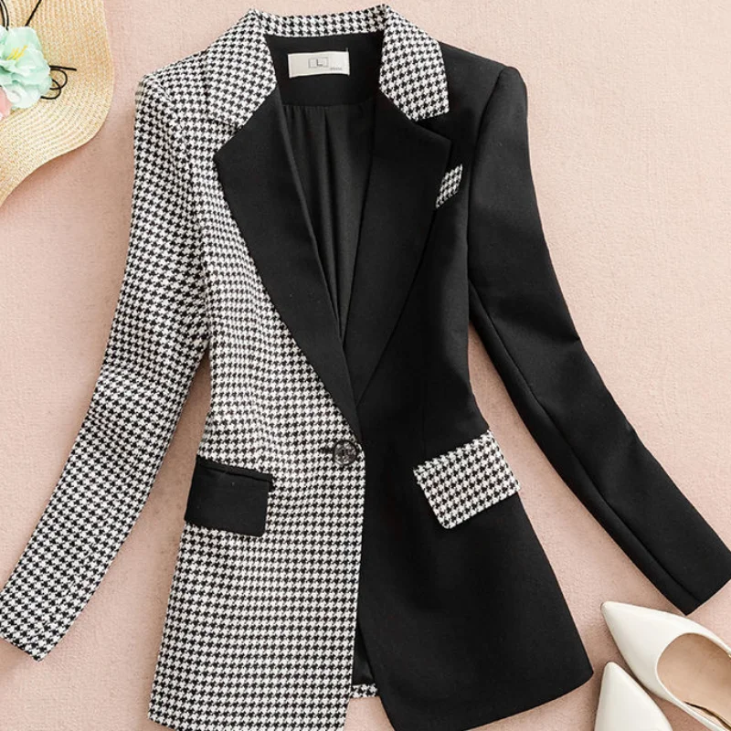 Black White Plaid Casual Women\'s Blazer Suits Tailoring Jacket for Women Latest Fashion Blazers Clothing Coat Korean Long Trend