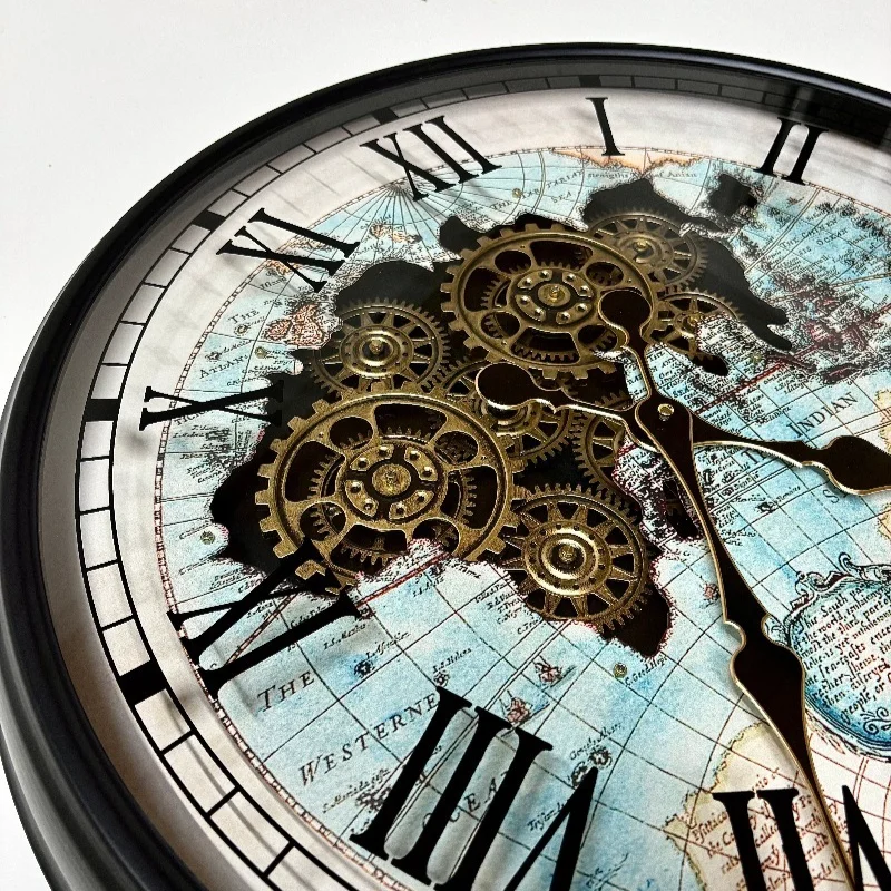 Iron Wall Clocks Retro Large Size Map Pattern Wall Clock Luxurious Pointer Mute European Clock Creativity Living Room Home Decor