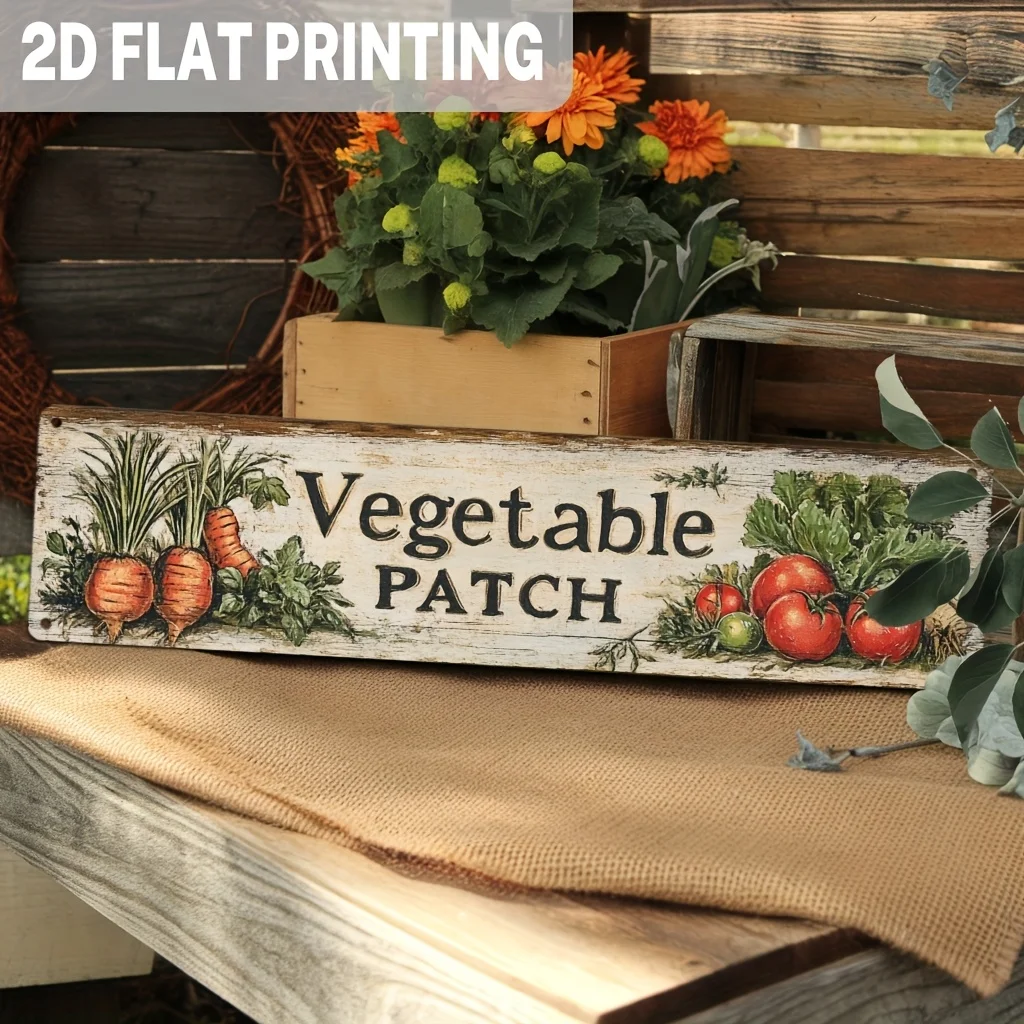 2D Flat, 1pc Rustic Vegetable Patch Metal Wall Sign - Vintage Carved-Look Carrots, Potatoes & Herbs, Distressed Iron Farmhouse