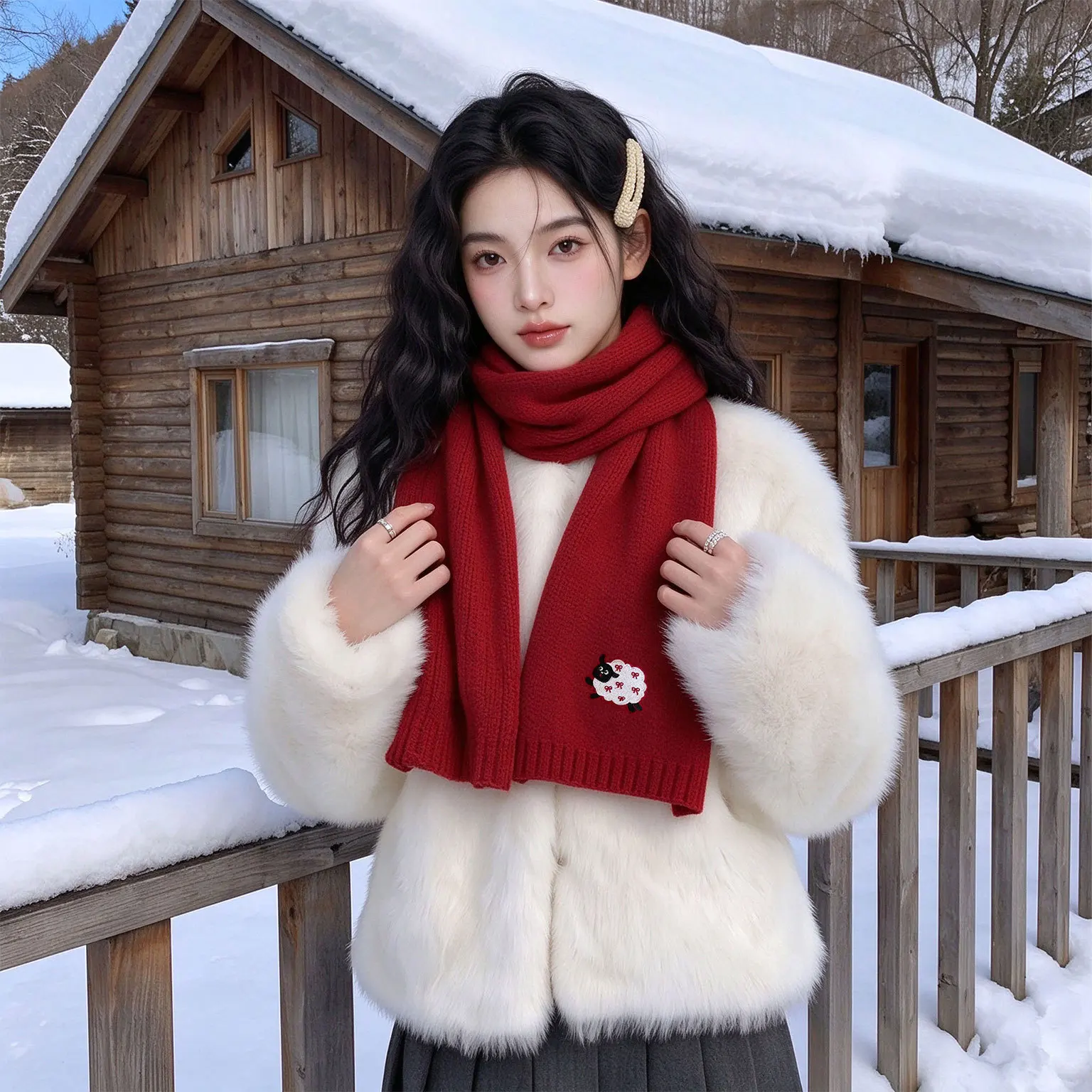Scarf Women 100% Wool Knitted Scarf Embroidery Sheep Pattern Winter Scarf For Women Christmas New Year Red Scarf Birthday Gift