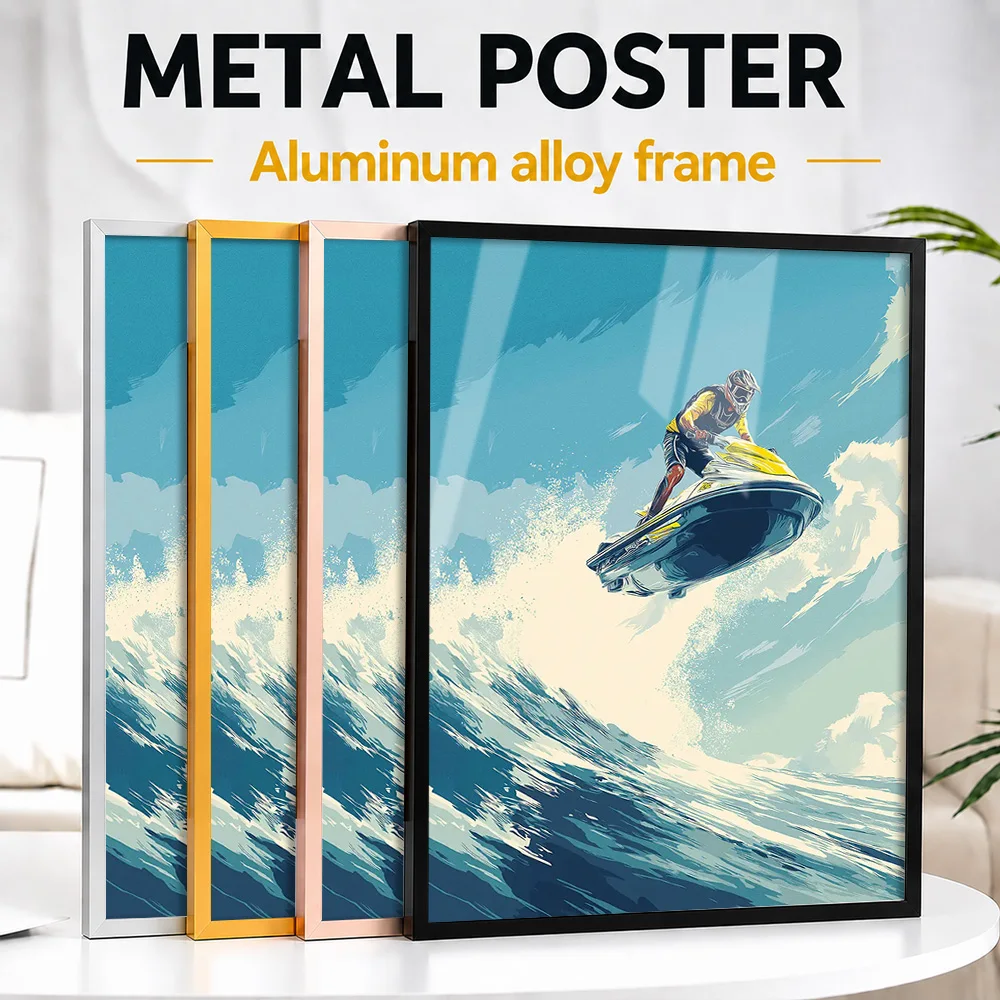 Jet Skiing Over A Wave Framed Metal Poster Personalized Photo Colorful Aquatic Style Wall Art For Ski Lodge Memorable Fan Gift