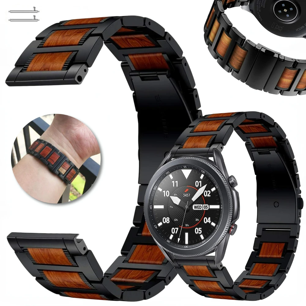 Wooden Metal 22mm Strap for Samsung Watch 3 45mm/46mm/Gear S3 Replaceable wristband for Huawei Watch GT4 3 2 Pro/Amazfit GTR/4 3