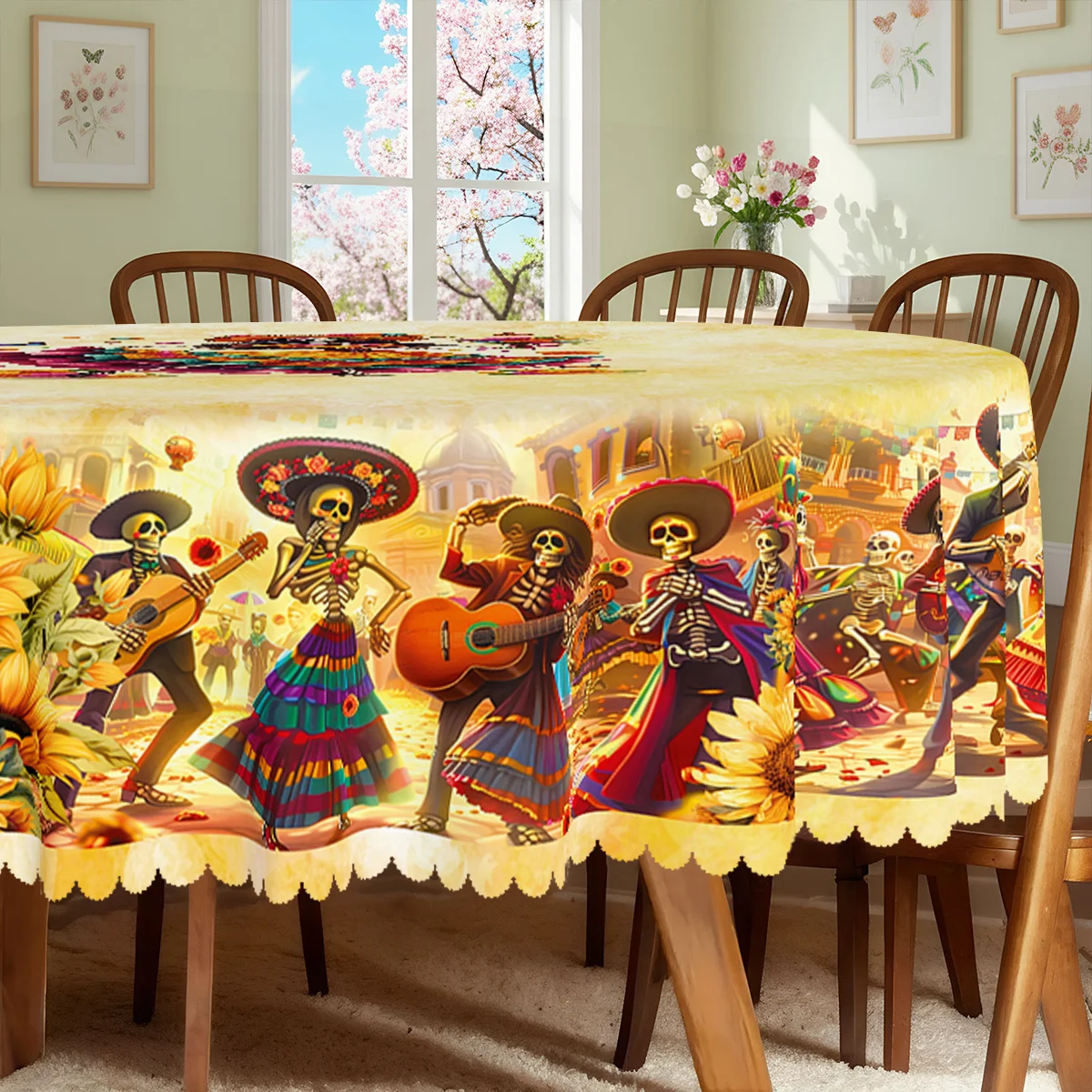 One piece, Halloween-themed tablecloth, skull guitar sunflower pattern tablecloth, edge embossing techniquezyc