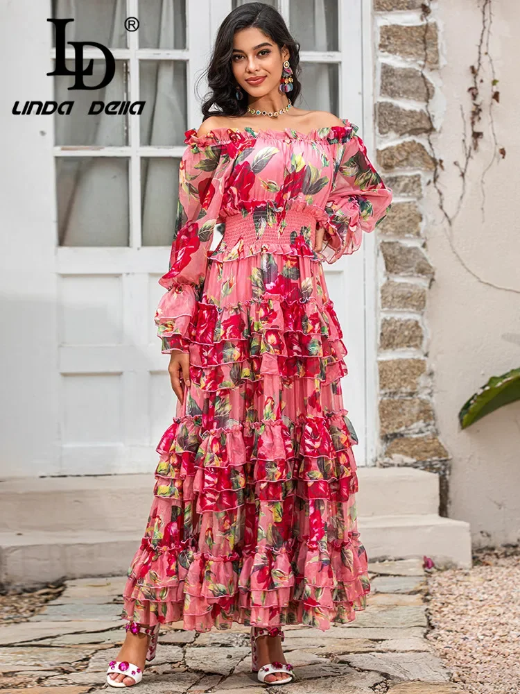 LD LINDA DELLA 2024 Women's Gorgeous Party Long Dress Summer Bohemia Flower Print Cascading Ruffle Elegant Vacation Maxi Dress