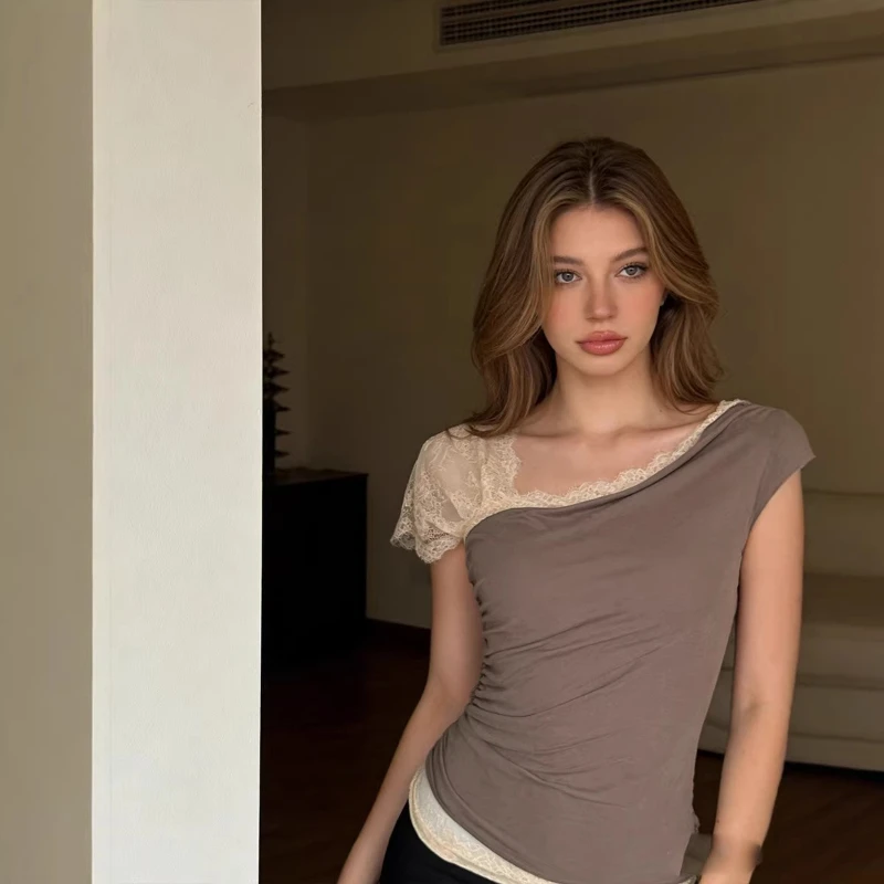 

2026 Summer Comfortable Lace Patchwork off Shoulder Short Sleeved One Neck Solid Color T-shirt Top for Women