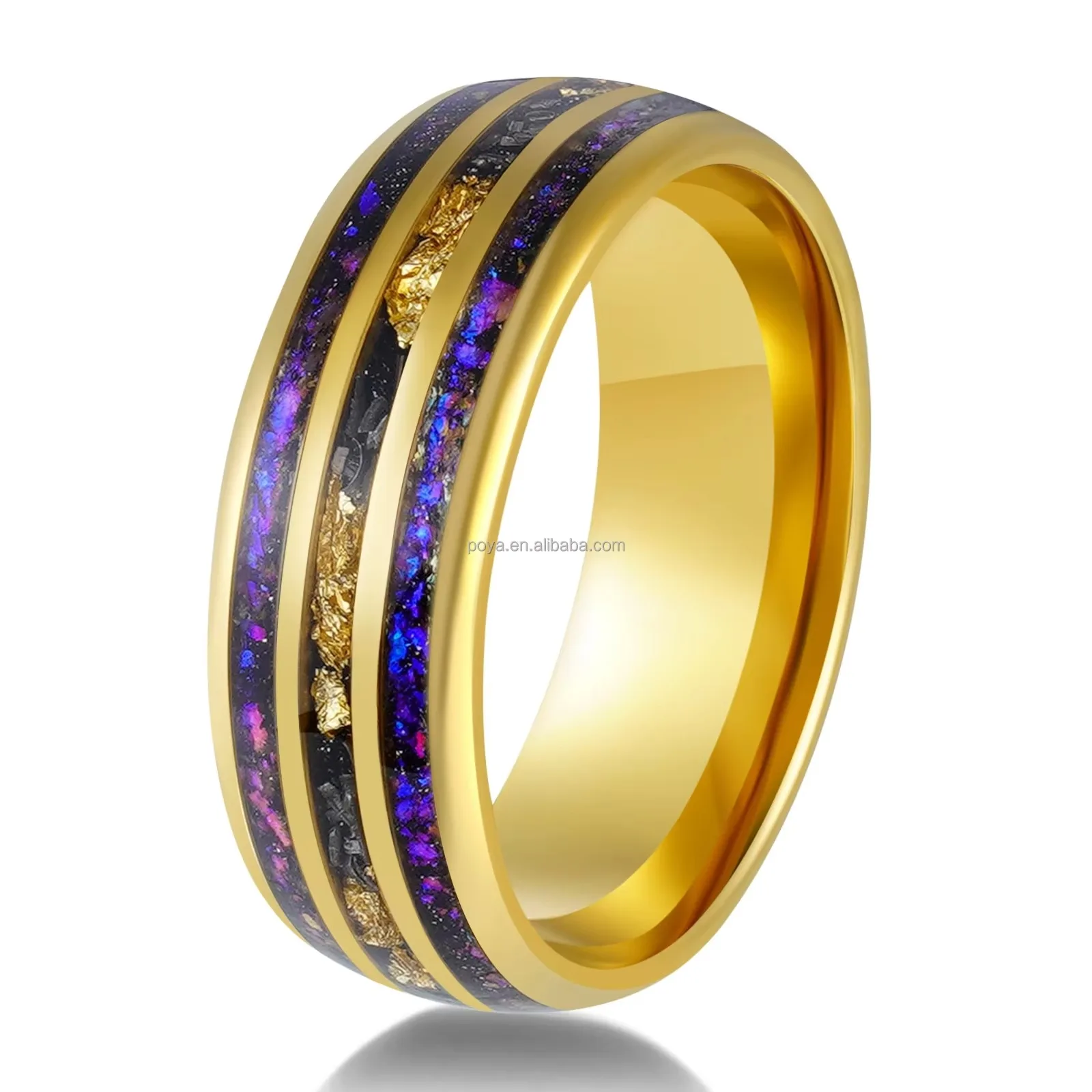 

Customized 8mm Width Gold Plating Tungsten Wedding Ring for Woman Man Inlay Nebula Galaxy & Meteorite Comfort Fit Size 7-12