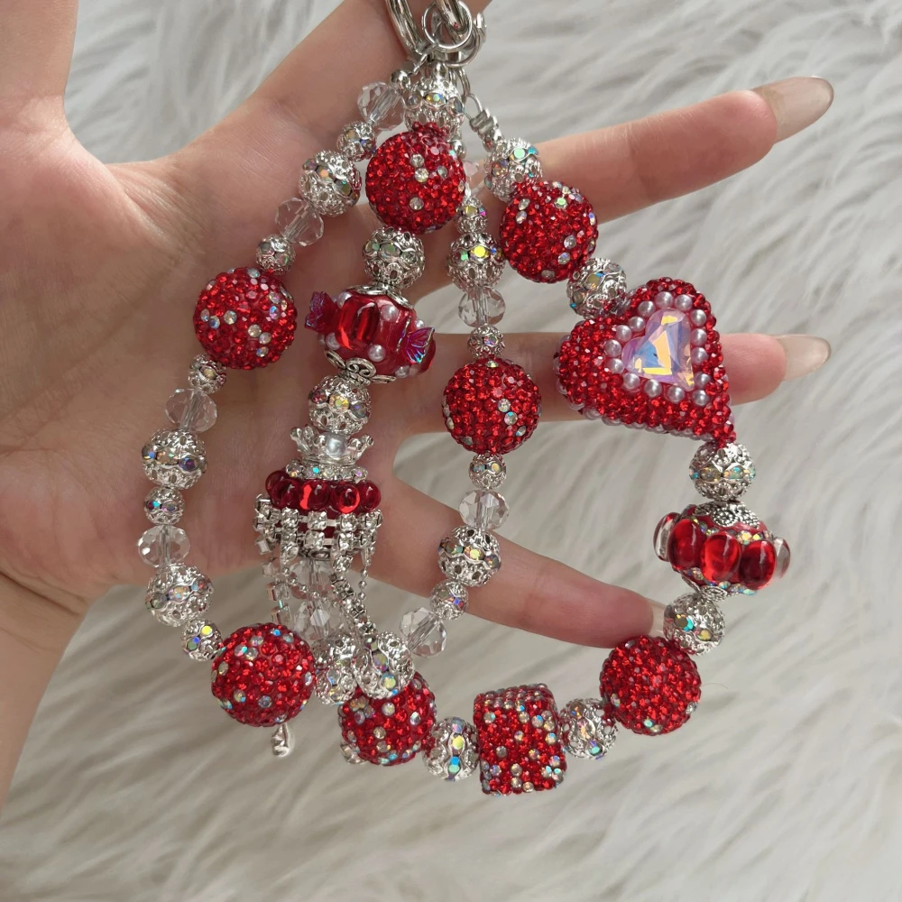 Stilvolle, zarte, doppellagige, mit Perlen eingelegte Strasssteine, Handy-Anhänger-Kette für Handy, Tasche und Schlüsselanhänger