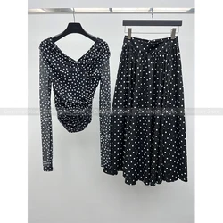 Retro chic V-neck elegant polka dot print long sleeve t-shirt + high waist half skirt suit women