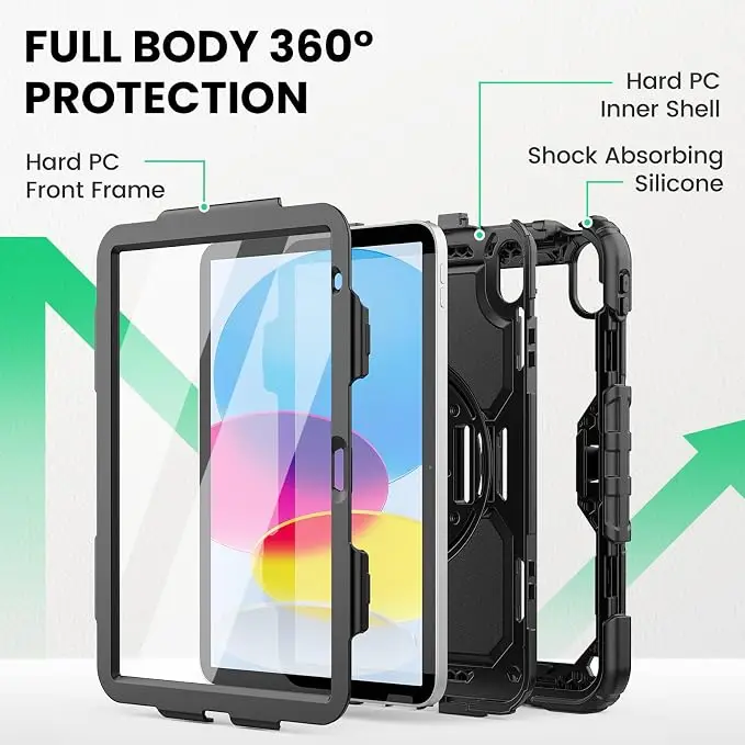Case For iPad 11th 10th 2022 2025 Heavy Duty Rotating Shockproof Stand Hand Shoulder Strap Case Fundas