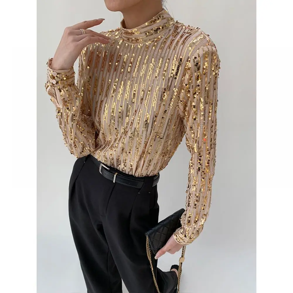 Spring Women Mesh Tops Brand Blouse Handcrafted Sequin Blingbling Striped Golden Luxury Shirts Long Sleeve Stand Collar