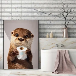 Bathroom Cute Animal Wall Art Poster Cute Otter Holding Toilet Paper Roll Oil Painting Prints Funny Canvas Painting Toilet Decor