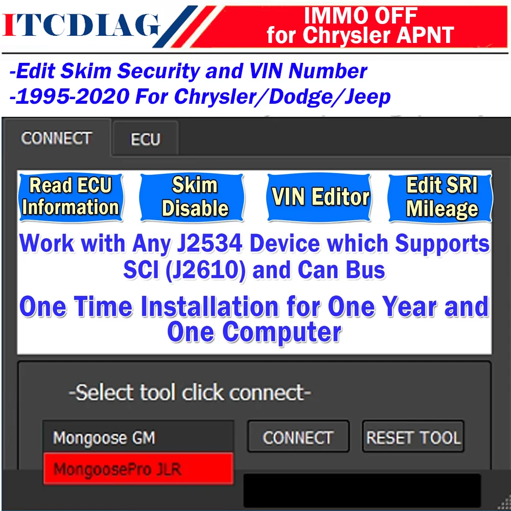 

IMMO Off For Chrysler APNT Edit VIN Read ECU Info Skim SRI mileage Edit Immo off for Chrysler/ Dodge/ Jeep Gas Diesel 1995-2020