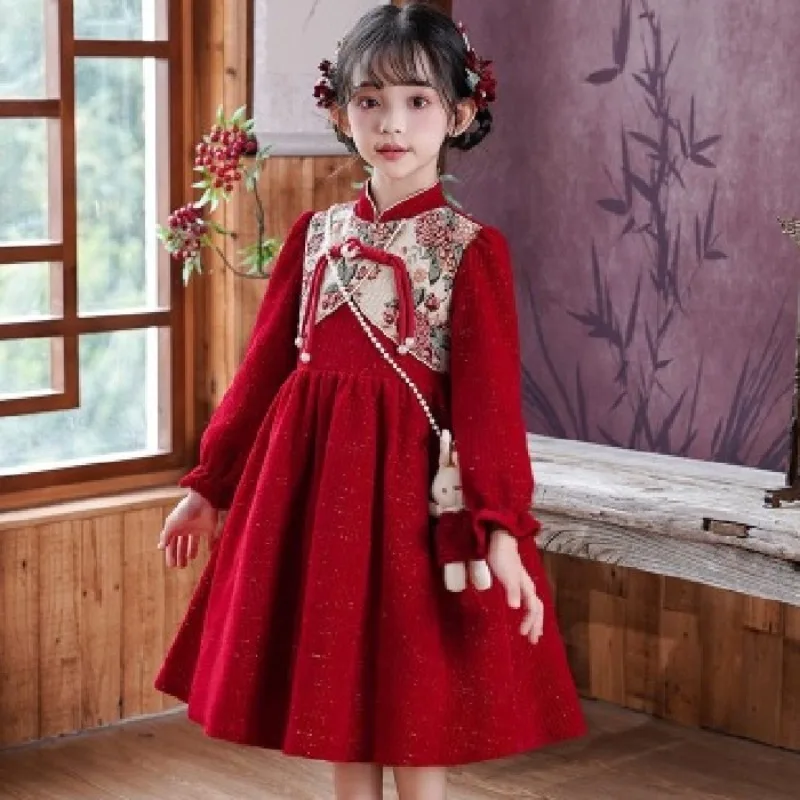 2025 New Girls' Cheongsam Dress - Long Sleeve Fleece Lined, Red Chinese Style New Year Outfit for Kids, Festive Party Wear.