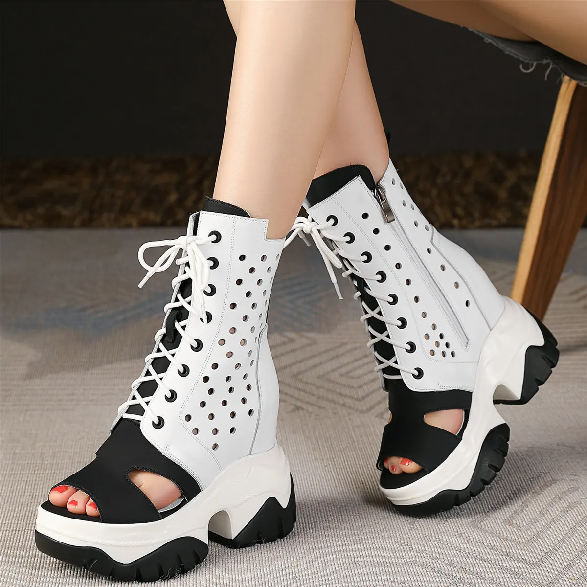 Summer Fashion Sneakers Women Lace Up Cow Leather Super High Heels Gladiator Sandals Female Open Toe Platform Pumps Casual Shoes