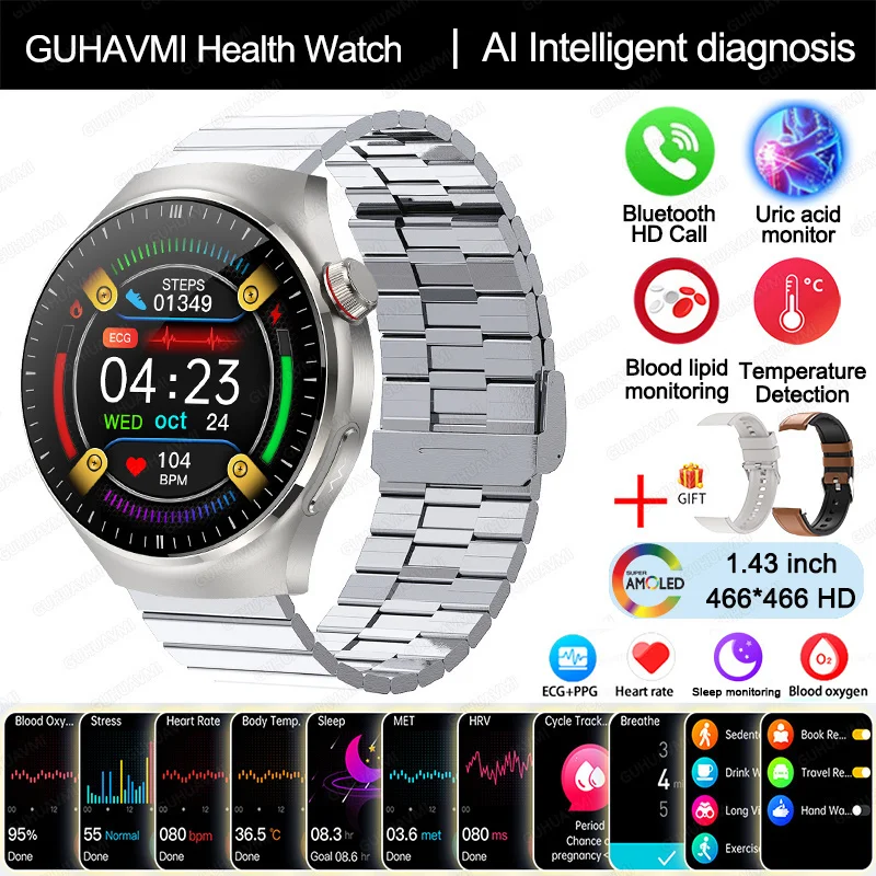 2025 Neue Smartwatch für die Gesundheitspflege mit Blutsauerstoff-, Blutfett-, Harnsäuremessung, EKG+PPG, Körpertemperaturmessung, Bluetooth-Anruf und Gesundheitsfunktionen
