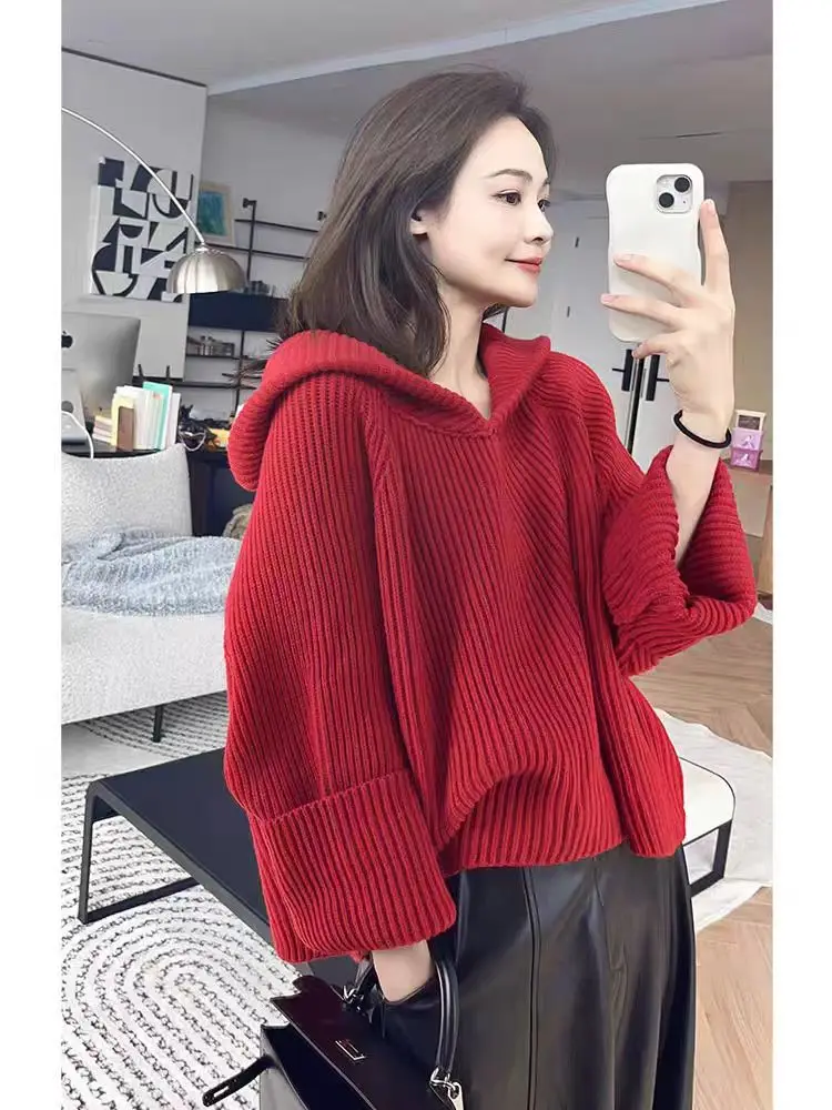 100% wool pullover sweater, women's hooded sweater, casual long sleeved knitted, autumn and winter hot selling women's sweater