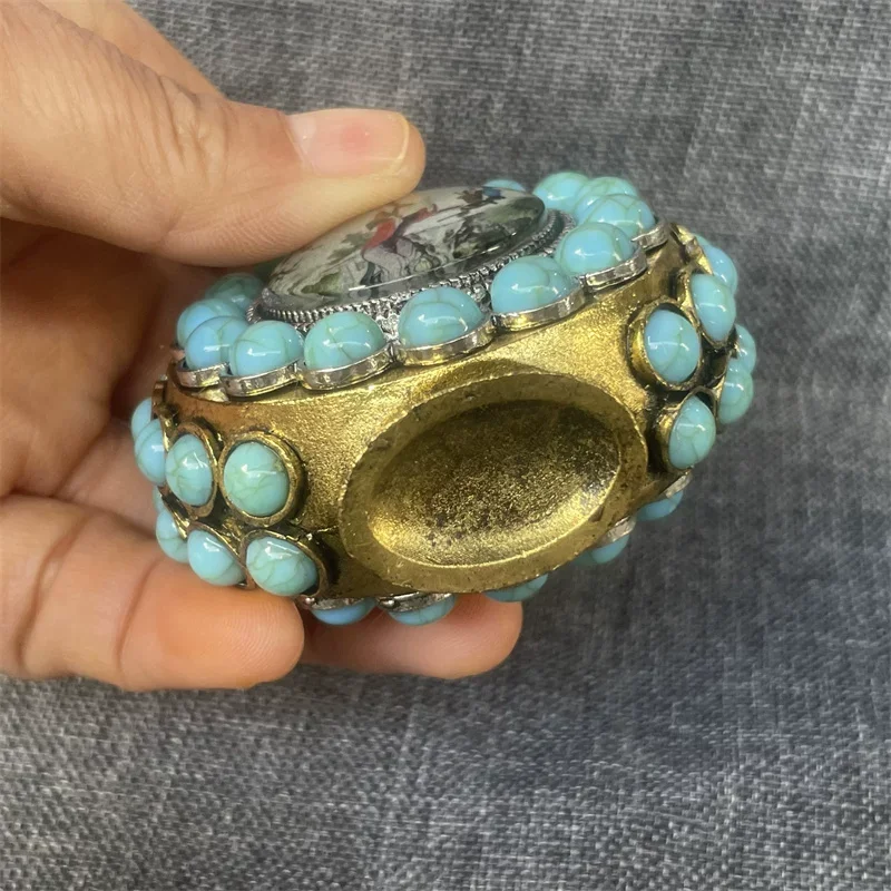 Antique Luminous Double-Sided Pure Copper Inlaid Snuff Bottle Retro Tibetan Smoking Accessories Decorative Inner Painting