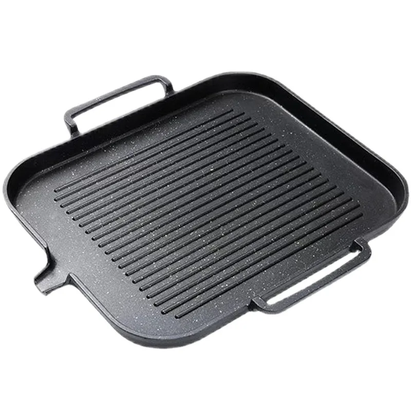 Koreanische Barbecue-Grillpfanne für drinnen und draußen, rauchfreie Gussaluminium-Kochpfanne, antihaftbeschichtete Platte mit Ausgießung, für Gas und Induktion