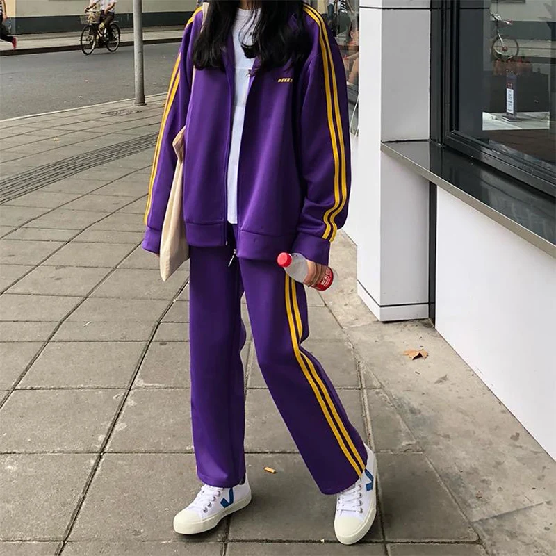 

Spor Two-Piece Set for Women Spring Autumn Zipper Open Cardigan Jaet Wide Leg Pants Casual Running Outfit Polyester