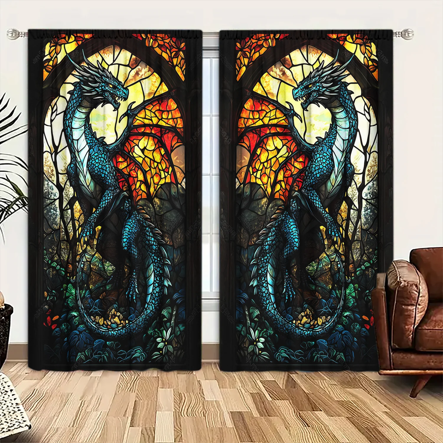 Fantasy Stained Glass Dragon Blackout Rod Pocket Curtain Color Mosaic Gothic Plant Decor Dark Style Homestay Game Bay Window