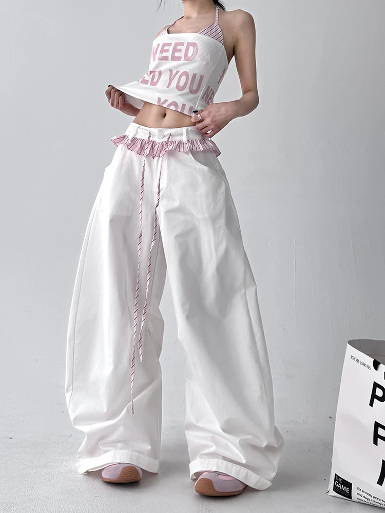 High Waist Loose Casual Pants Women's Spring Summer Floral Lace Splicing Wide Leg Pants Comfortable Breathable Cotton Trousers