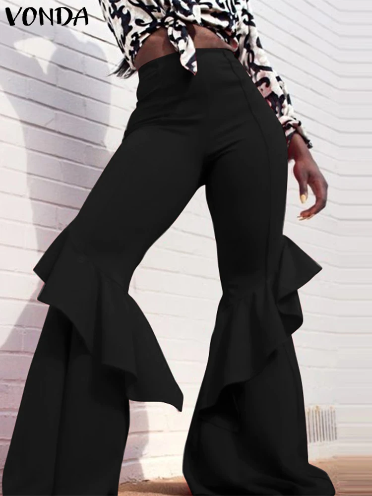 VONDA Women Wide Leg Pants 2024 Sexy Streetwear Ruffle Patchwork Fashion Long Trousers Well Fitting Flared Pants Solid Capris