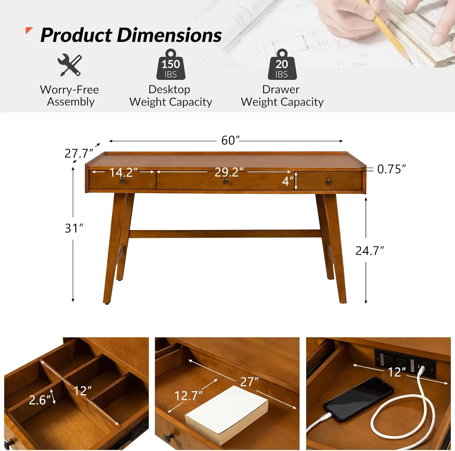 Home Office Desk with 3 Drawers & Solid Wood Legs, Writing Table with Charging Station  Cable Management Mid Century Modern Desk