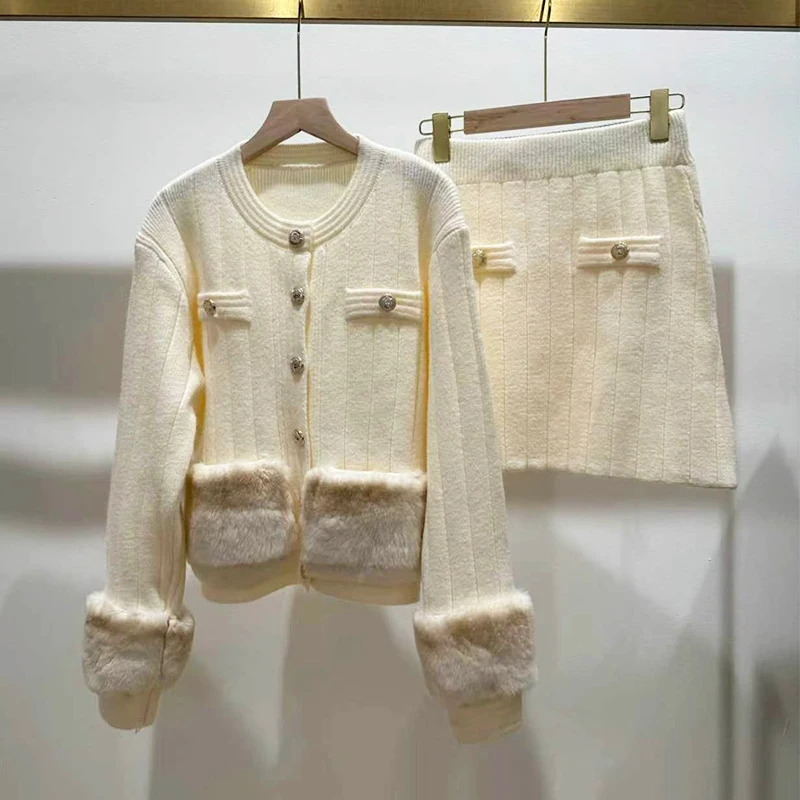 2026 Girl's Autumn Luxury White Slim Real Rex Rabbit Fur Cuff Coat Two Pieces Knitted Sweater Skirt Cothing Set Sweater Coat