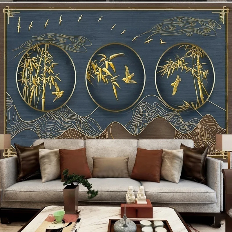 MU8746 New Chinese-style light luxury relief line landscape, bamboo forest, bamboo flying birds decorative background wall